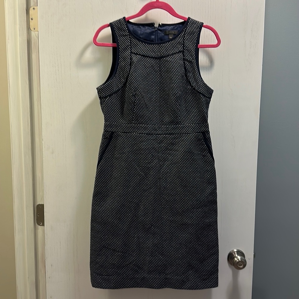 J. Crew Navy and White Polka Dot Sheath Midi Dress